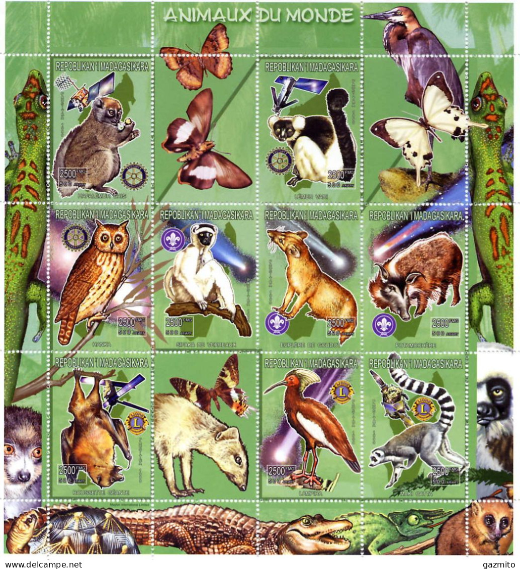 Madagascar 1999, Animals, Scout, Lions, Rotary, Owl, Bat, Butterflies, Satellite, Monkey, Comet, 9val In BF - Bats