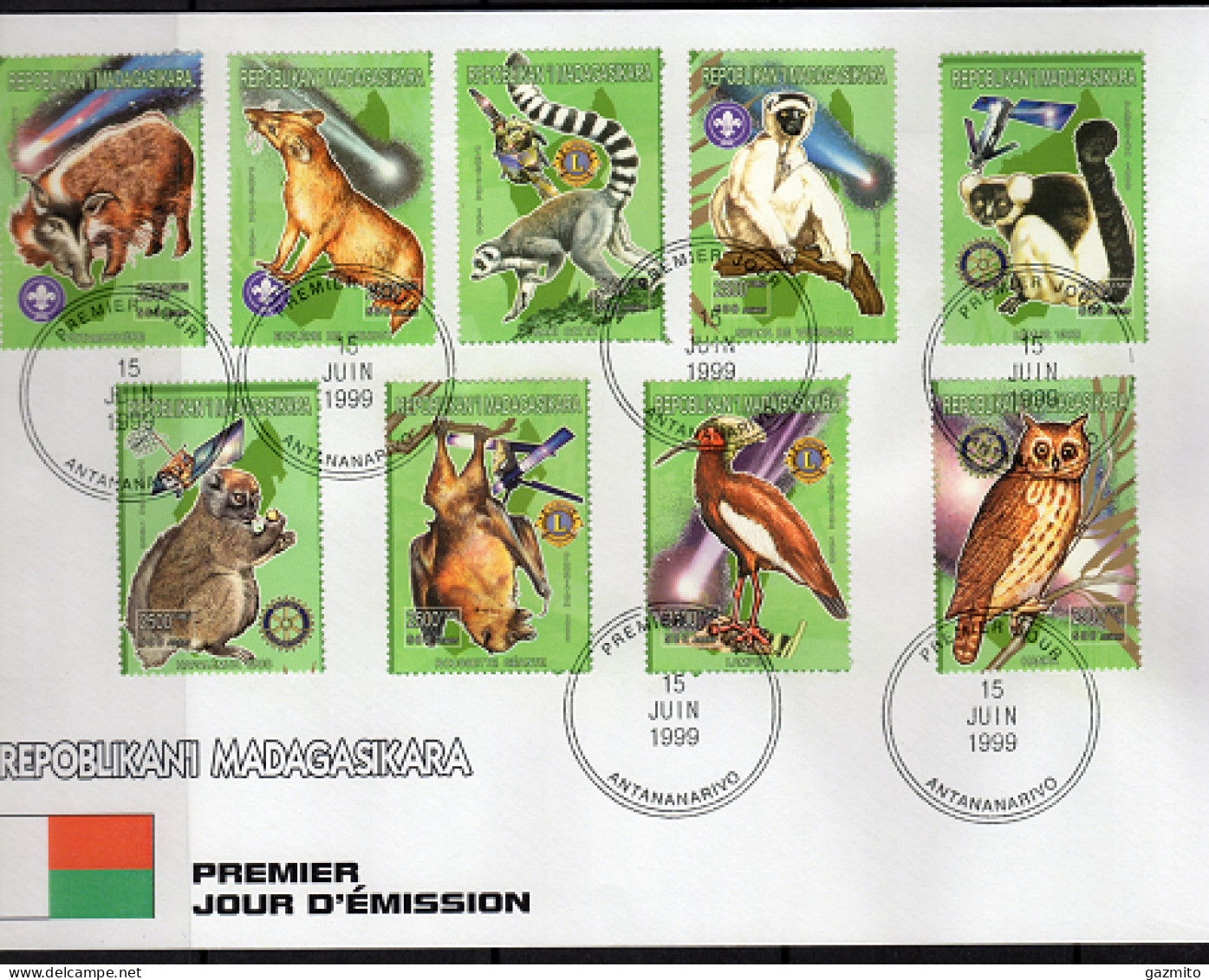 Madagascar 1999, Animals, Scout, Lions, Rotary, Owl, Bat, Butterflies, Satellite, Monkey, Comet, 9val In FDC - Murciélagos