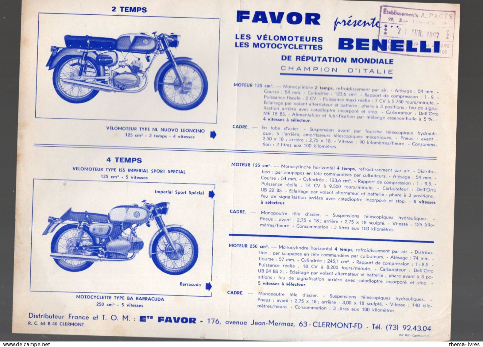 Catalogue Circulaire  MOTOS FAVOR BENELLI   (champion DItalie)   (PPP46390) - Motos