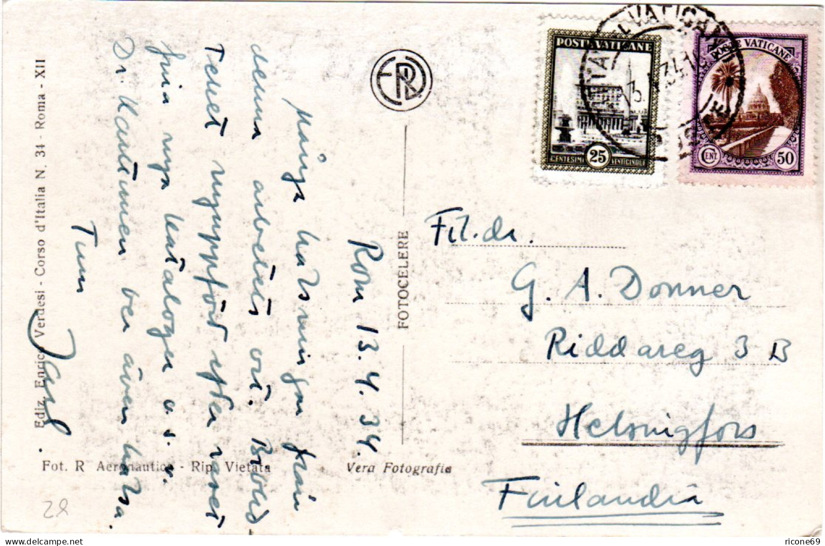 Vatikan 1934, 25+50 C. Auf AK N. Finnland. Destination! - Cartas & Documentos