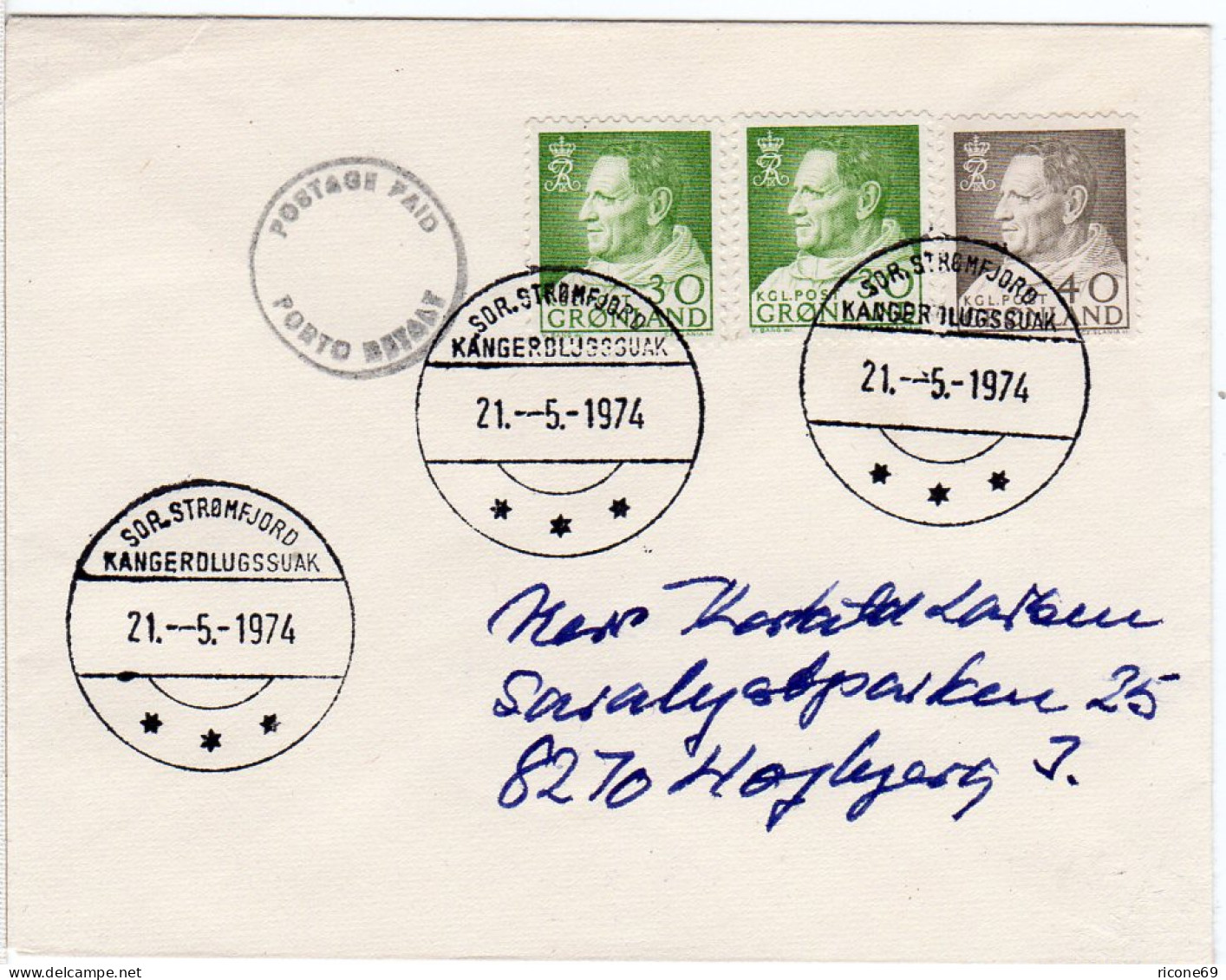 Grönland 1974, 3 Marken U. K1 POSTAGE PAID Auf Brief V. KANGERDLUGSSUAK - Sonstige & Ohne Zuordnung