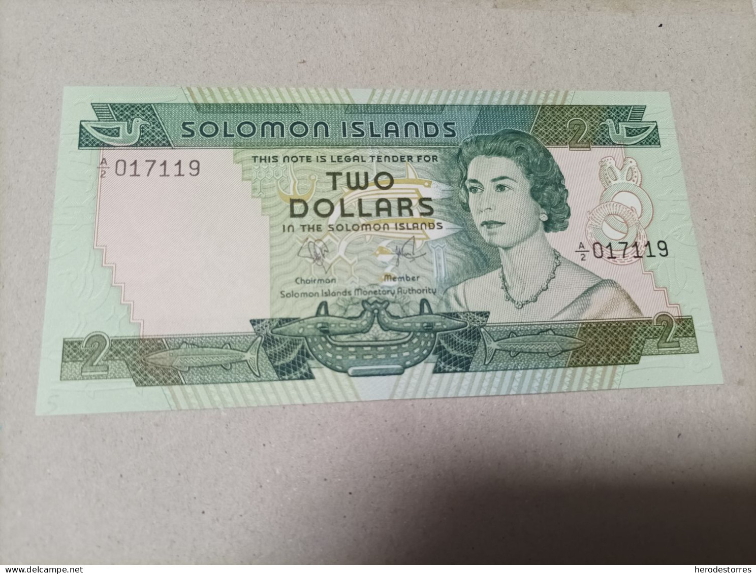 Billete De Las Islas Salomon 2 Dólares, Serie A, Nº Bajo A017119, Año 1977, UNC - Isla Salomon