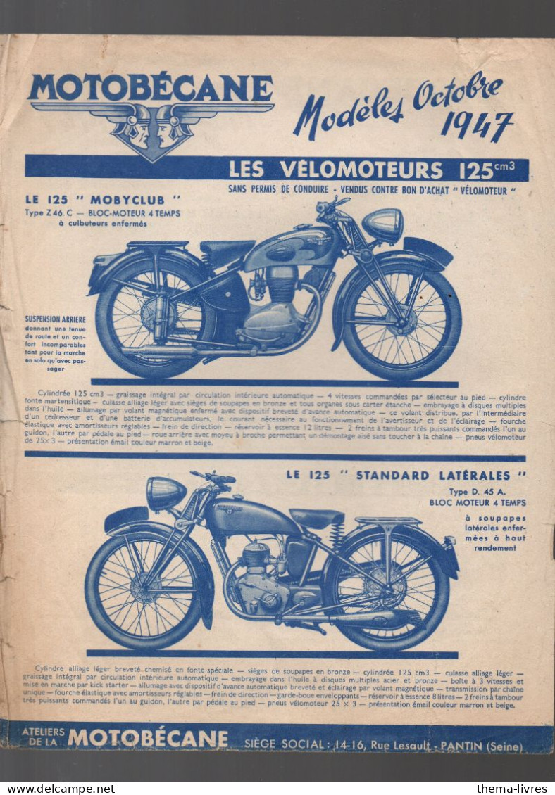 Pantin  Catalogue Circulaire MOTOBECANE Modeles Octobre 1947  (PPP46394) - Motos