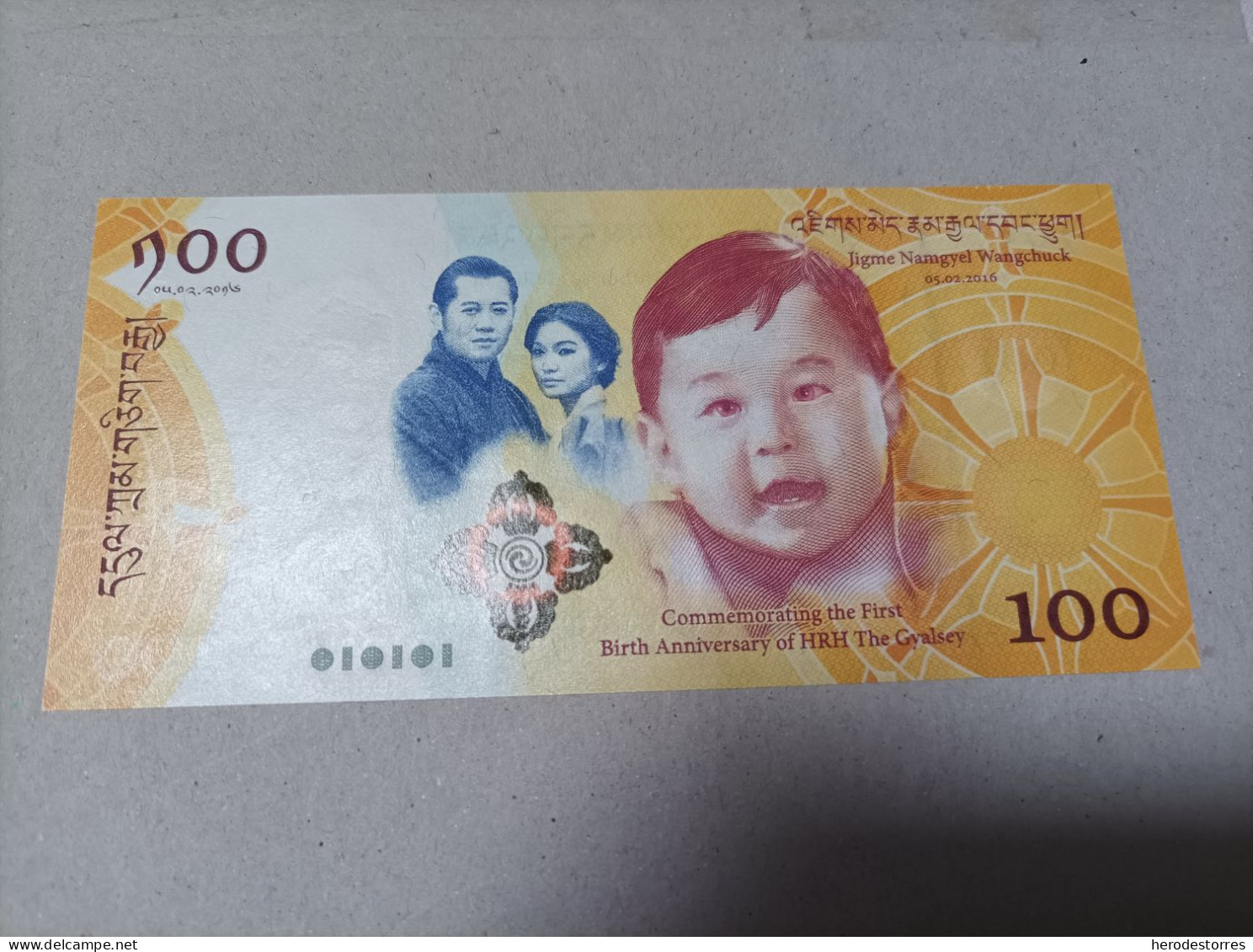 Billete Bhutan Conmemorativo, 100 Ngultrum 2016, Nº Bajisimo 00073189, UNC - Bhoutan