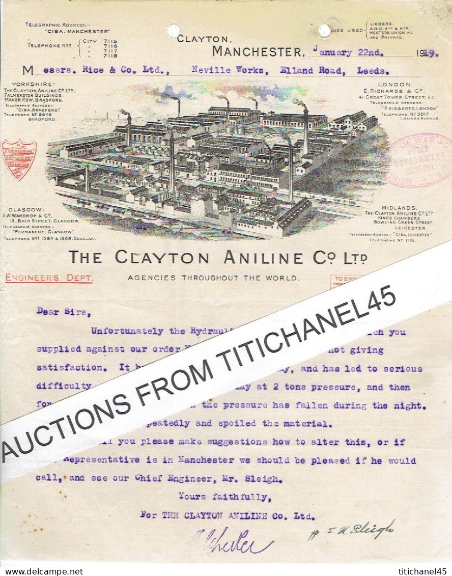 1919 MANCHESTER -  Letter Of The CLAYTON ANILINE C° Ltd - TNT And Dyes Manufacturer - Royaume-Uni