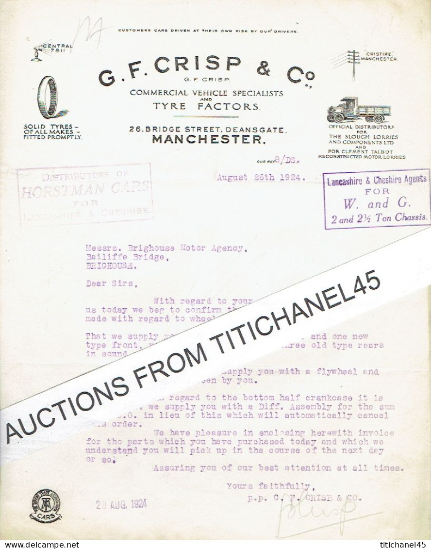 1924 MANCHESTER -  Letter Of G. F. CRISP & C° - Commercial Vehicle Specialists And TYRE FACTORS - Royaume-Uni