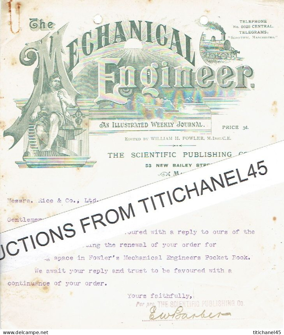 1912 MANCHESTER -  Letter Of THE SCIENTIFIC PUBLISHING C° - THE MECHANICAL ENGINEER - Royaume-Uni