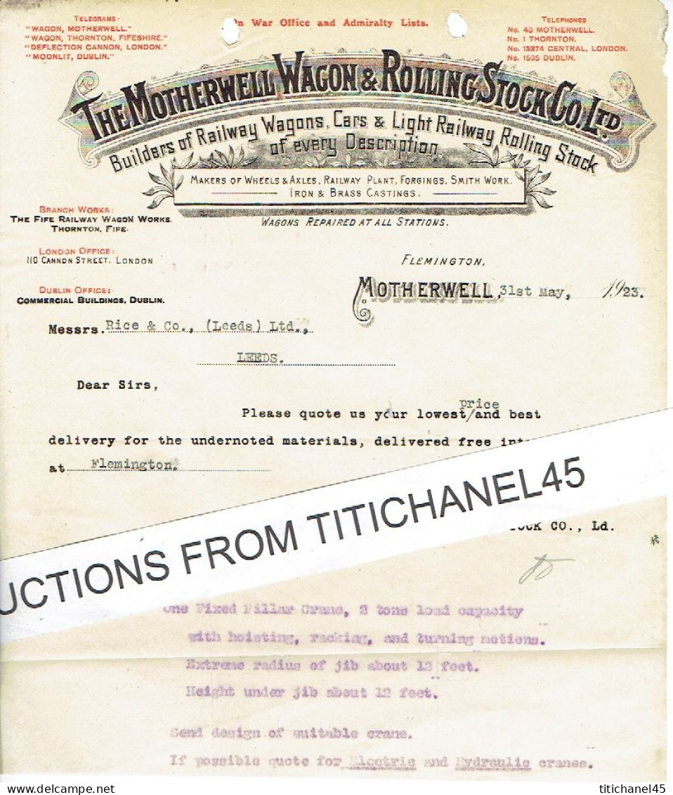 1923 MOTHERWELL - Letter Of THE MOTHERWELL WAGON & ROLLING STOCK - Builders Of Railway Wagons, Cars & Light Railway - Royaume-Uni