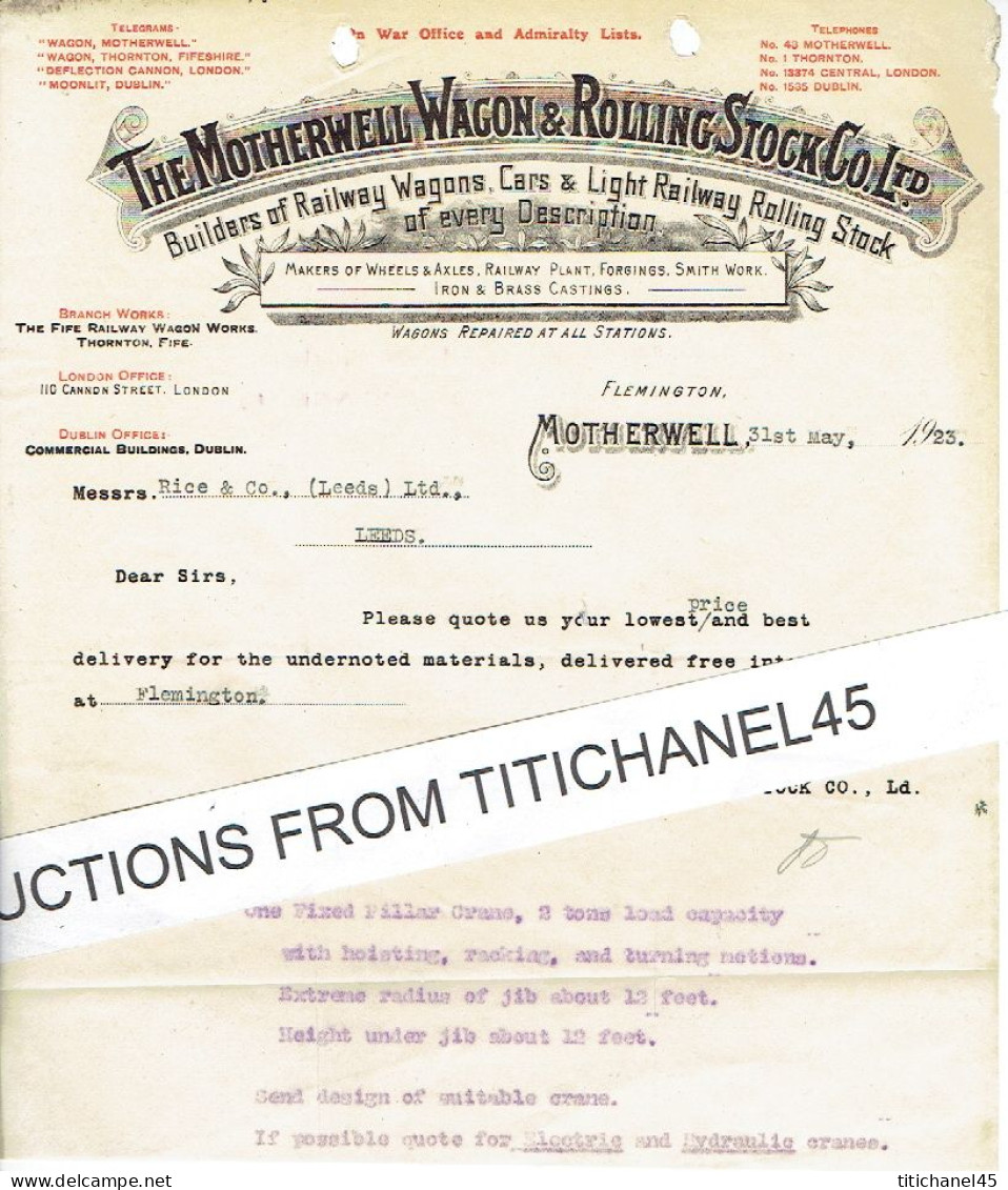 1923 MOTHERWELL - Letter Of THE MOTHERWELL WAGON & ROLLING STOCK - Builders Of Railway Wagons, Cars & Light Railway - Verenigd-Koninkrijk