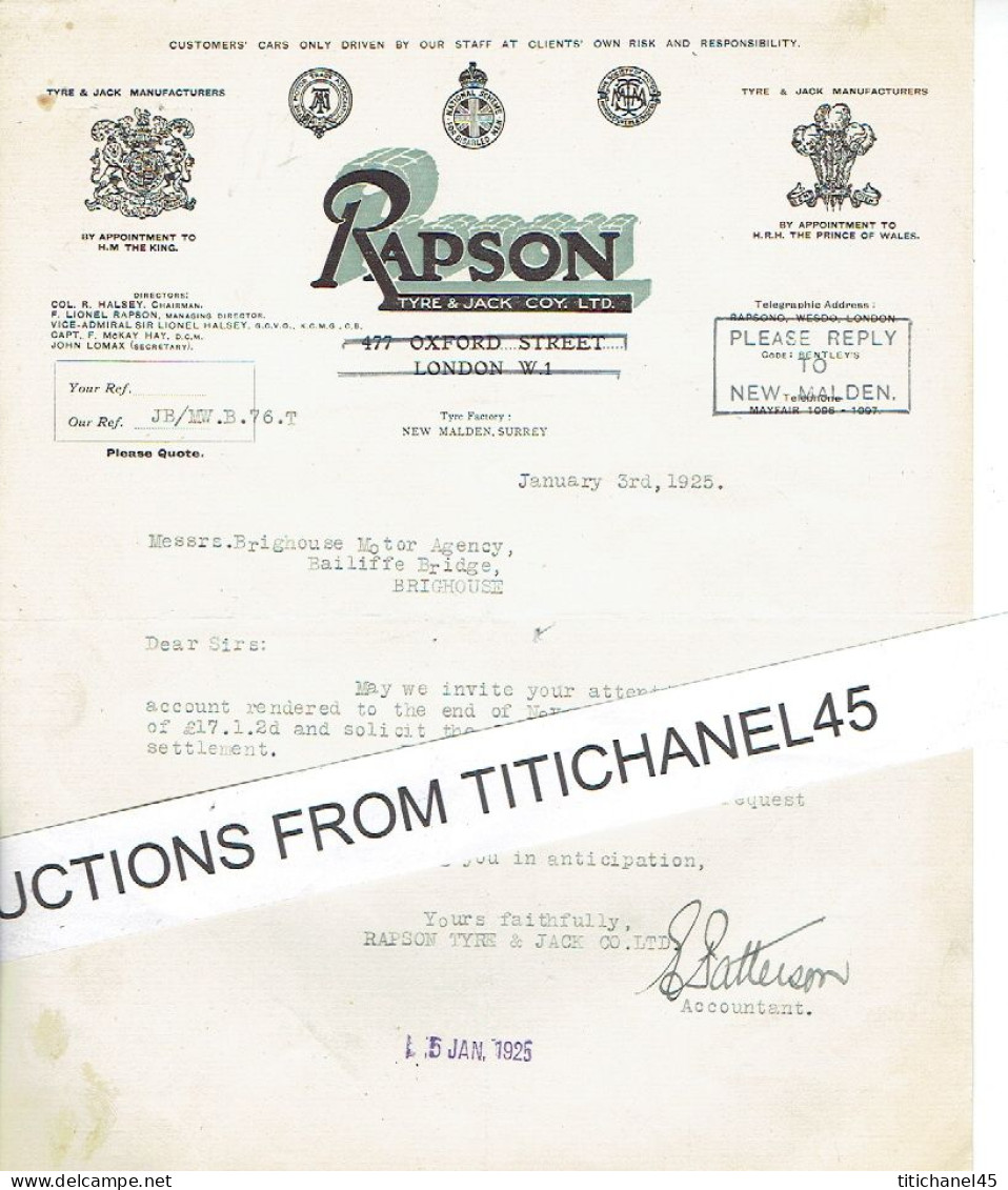 1925 NEW MALDEN - Letter Of  RAPSON TYRE & JACK CO Ltd - Tyre & Jack Manufacturers - United Kingdom