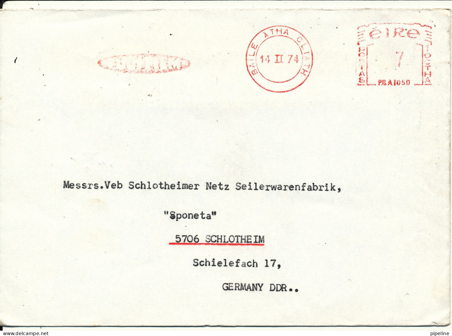 Ireland Cover With Red Meter Cancel Sent To Germany DDR 14-2-1974 - Brieven En Documenten