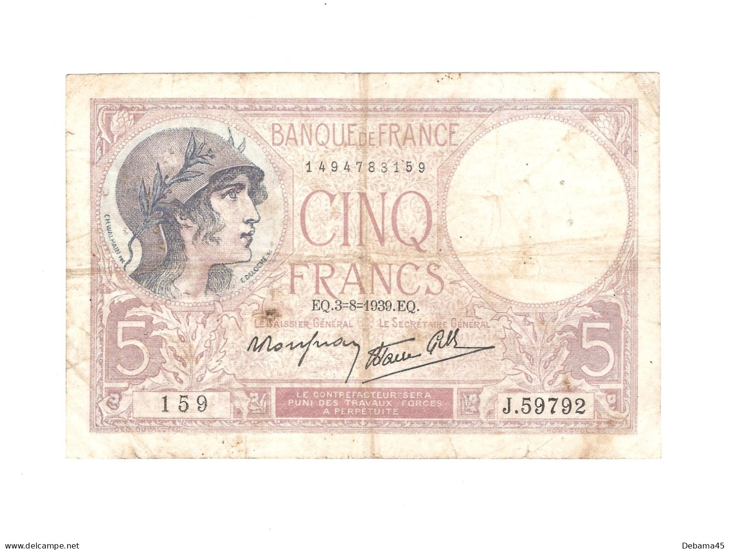 ALB/ France : 5 Francs VIOLET - 03/08/1939 - 16 Trous D'épingle (environ), Pliures - 5 F 1917-1940 ''Violet''