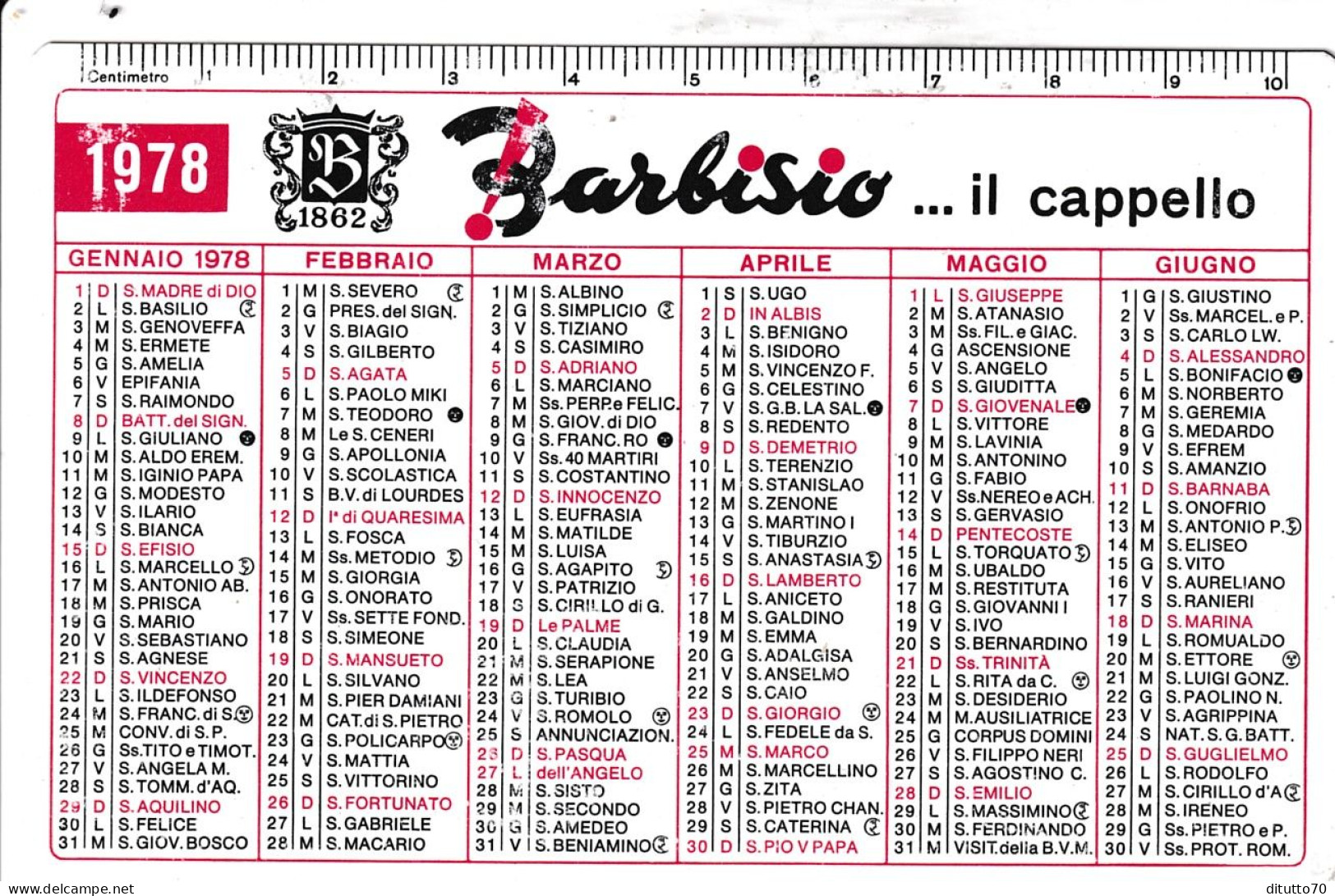 Calendarietto - Batbisio Il Cappello - Anno 1978 - Petit Format : 1981-90