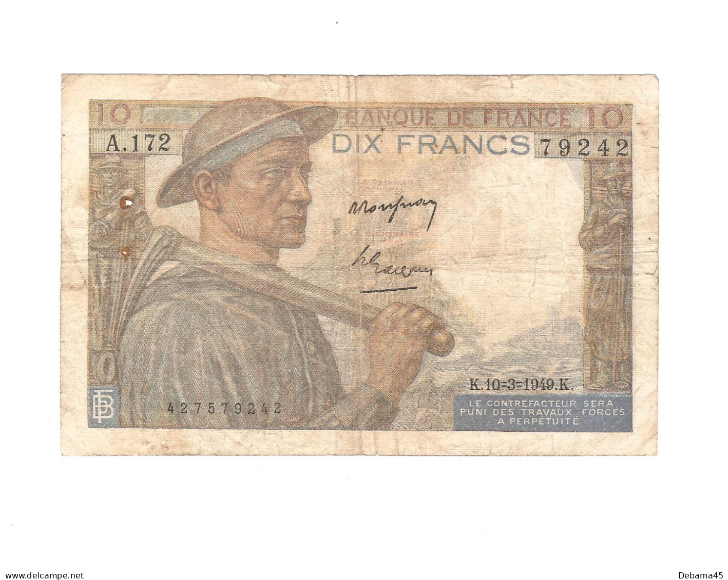 ALB/ France : 10 Francs MINEUR - 10/03/1949 - 8 Trous D'épingle + Trou à L'intersection Des Pliures - 10 F 1941-1949 ''Mineur''