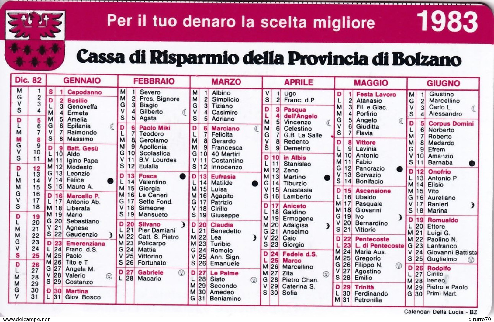 Calendarietto - Cassa Di Risparmio Della Provincia Di Bolzano - Anno 1983 - Small : 1981-90