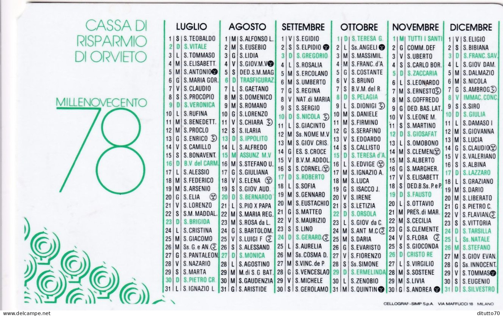 Calendarietto - Cassa Di Risparmio Di Orvieto - Anno 1978 - Tamaño Pequeño : 1971-80