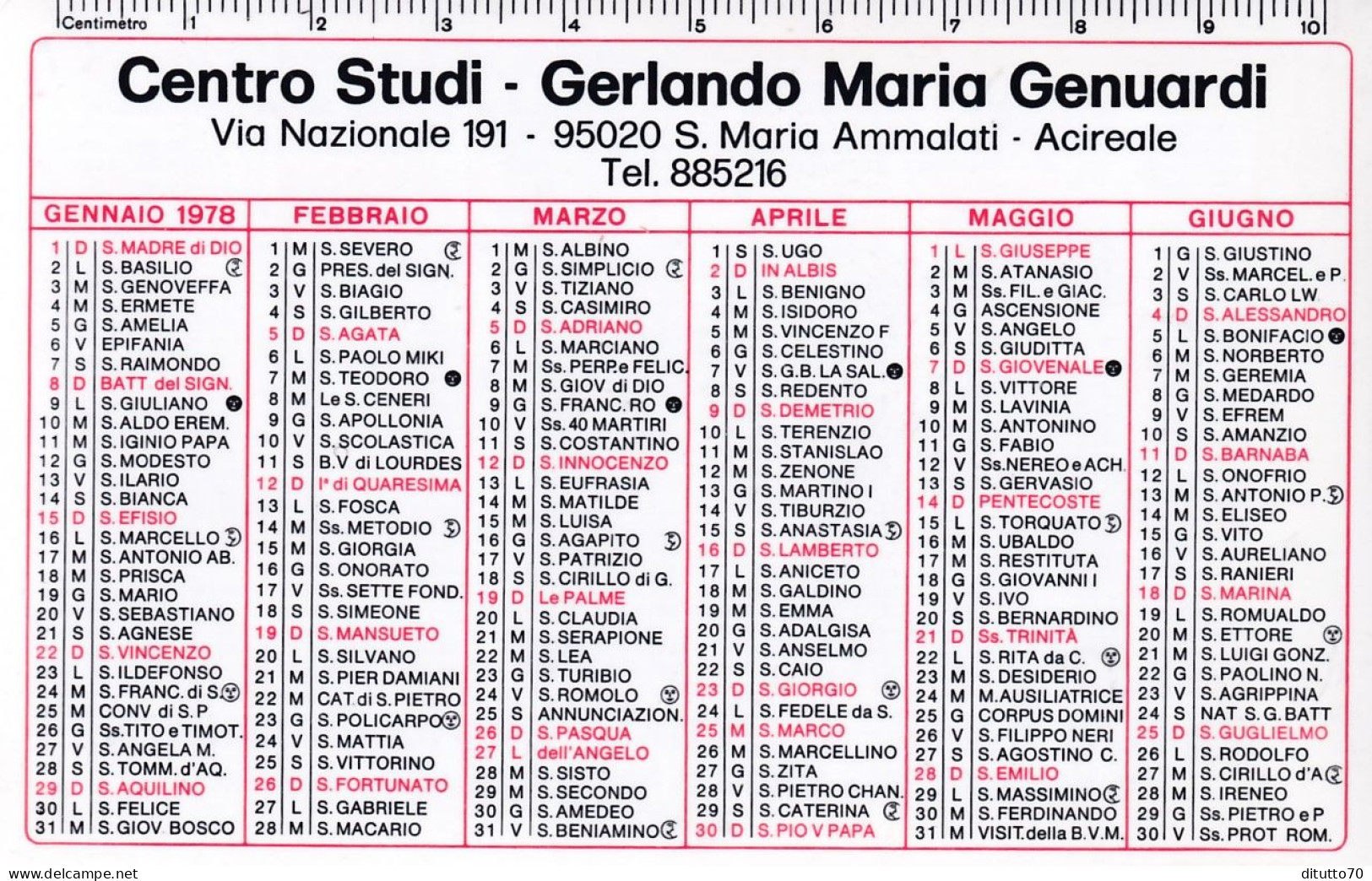 Calendarietto - Centro Studi - Gerlando Maria Genuardi - S.maria Ammalati - Acireale - Anno 1978 - Formato Piccolo : 1971-80