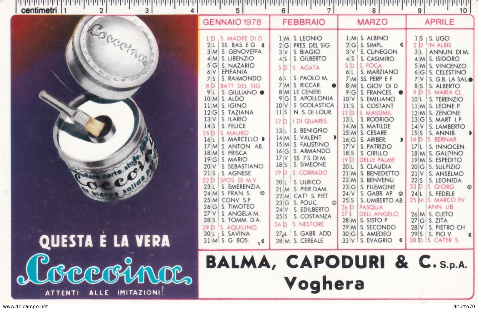 Calendarietto - Coccoina - Balma Capoduri E C. Voghera - Anno 1978 - Formato Piccolo : 1971-80