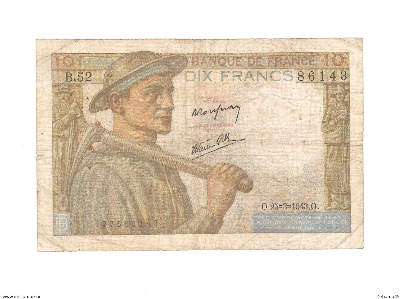 ALB/ France : 10 Francs MINEUR - 25/03/1949 - 20 Trous D'épingle Environ, Pliures - 10 F 1941-1949 ''Mineur''