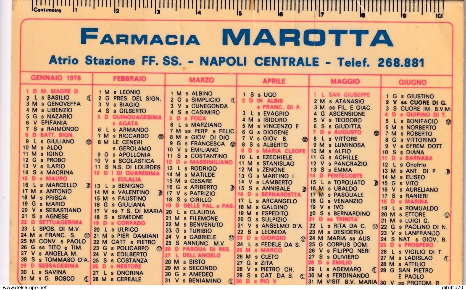 Calendarietto - Farmacia Marotta - Napoli - Anno 1978 - Formato Piccolo : 1971-80