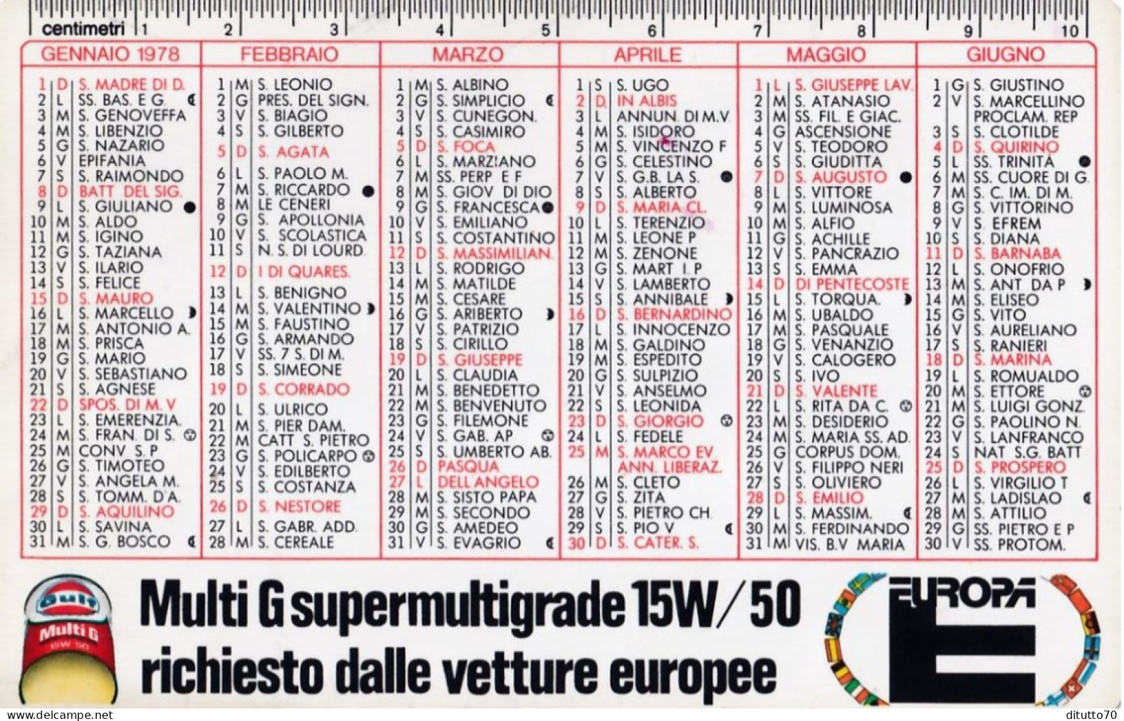 Calendarietto - Gult - Multi G  Europa - Anno 1978 - Small : 1971-80