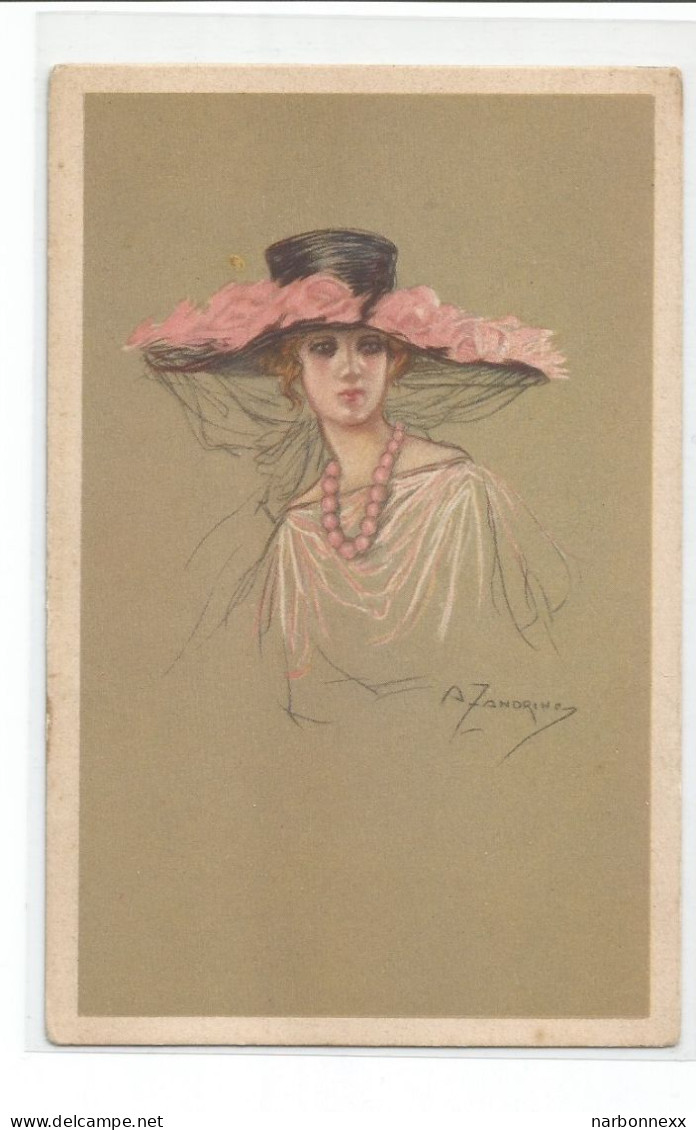 Zandrino. 94-1.  Belle Carte. Femme Chapeau Noir Avec Roses - Zandrino