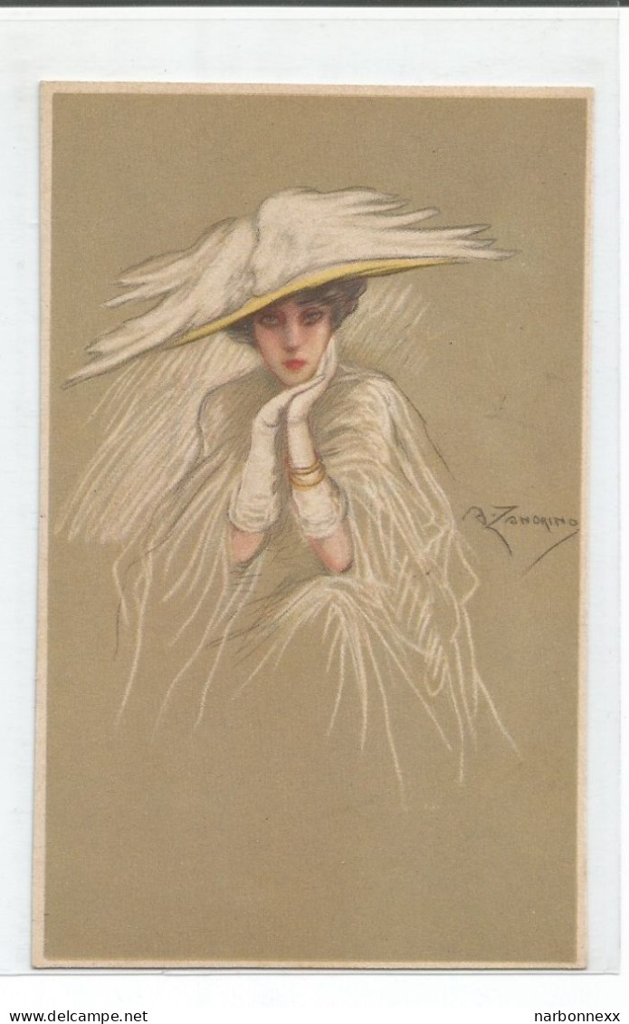 Zandrino. 94-2.  Belle Carte. Femme Chapeau Blanc Avec Plumes - Zandrino