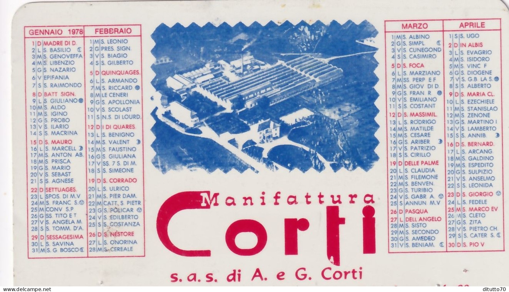 Calendarietto - Manifattura Corti - Anno 1978 - Tamaño Pequeño : 1971-80