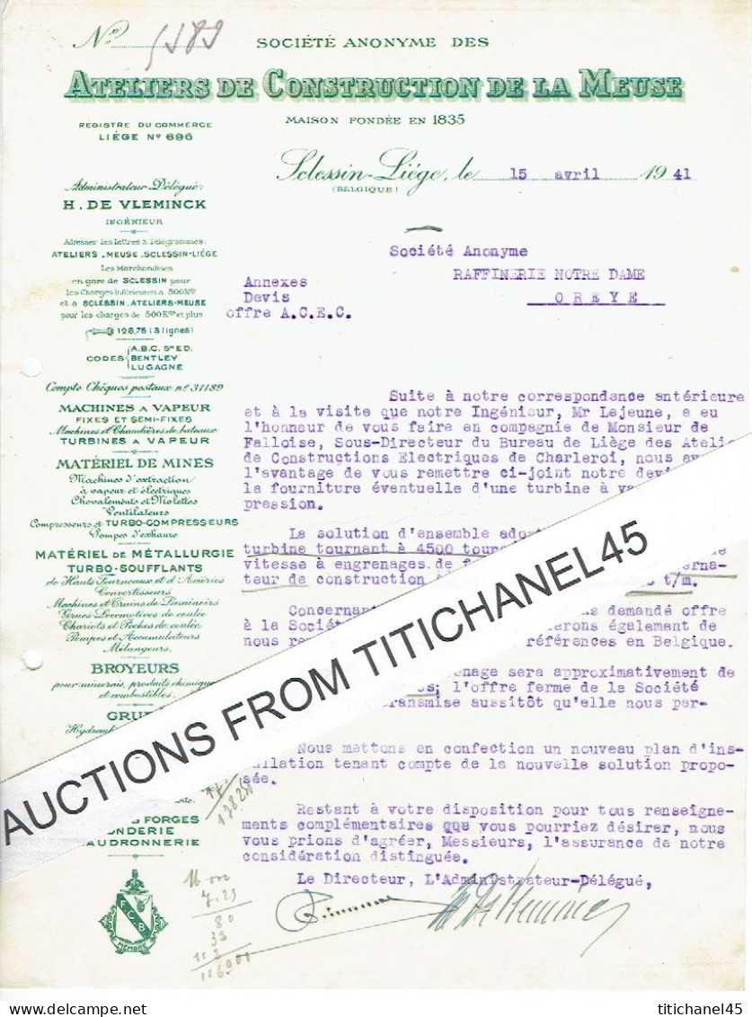 1941 SCLESSIN - ATELIERS DE CONSTRUCTION DE LA MEUSE - Fabrication De Locomotives, Grues, Broyeurs, Machines à Vapeur - Altri & Non Classificati