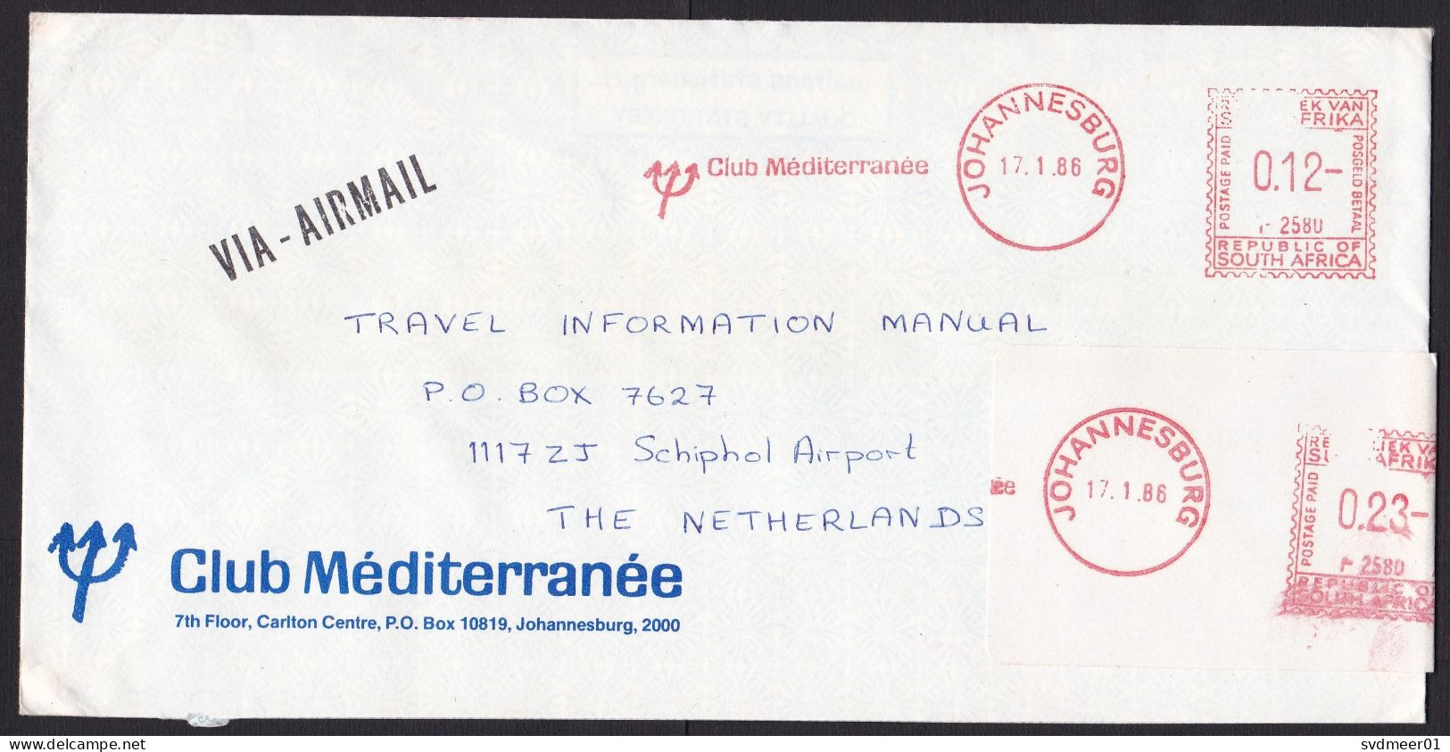 South Africa: Airmail Cover To Netherlands, 1986, Meter Cancel, Club Mediterranee, Tourism, Travel (minor Damage) - Covers & Documents