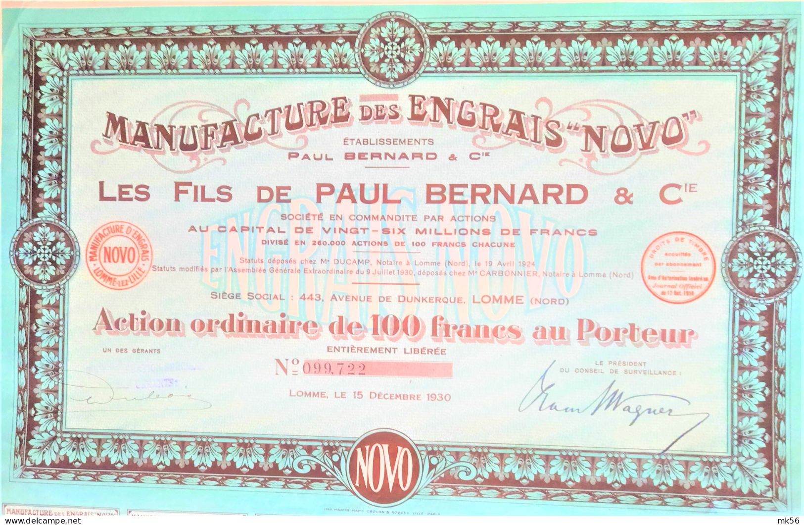 Manufacture Des Engrais 'Novo'  - Etablissements Paul Bernard & Cie (Lomme - 1930) - Landbouw