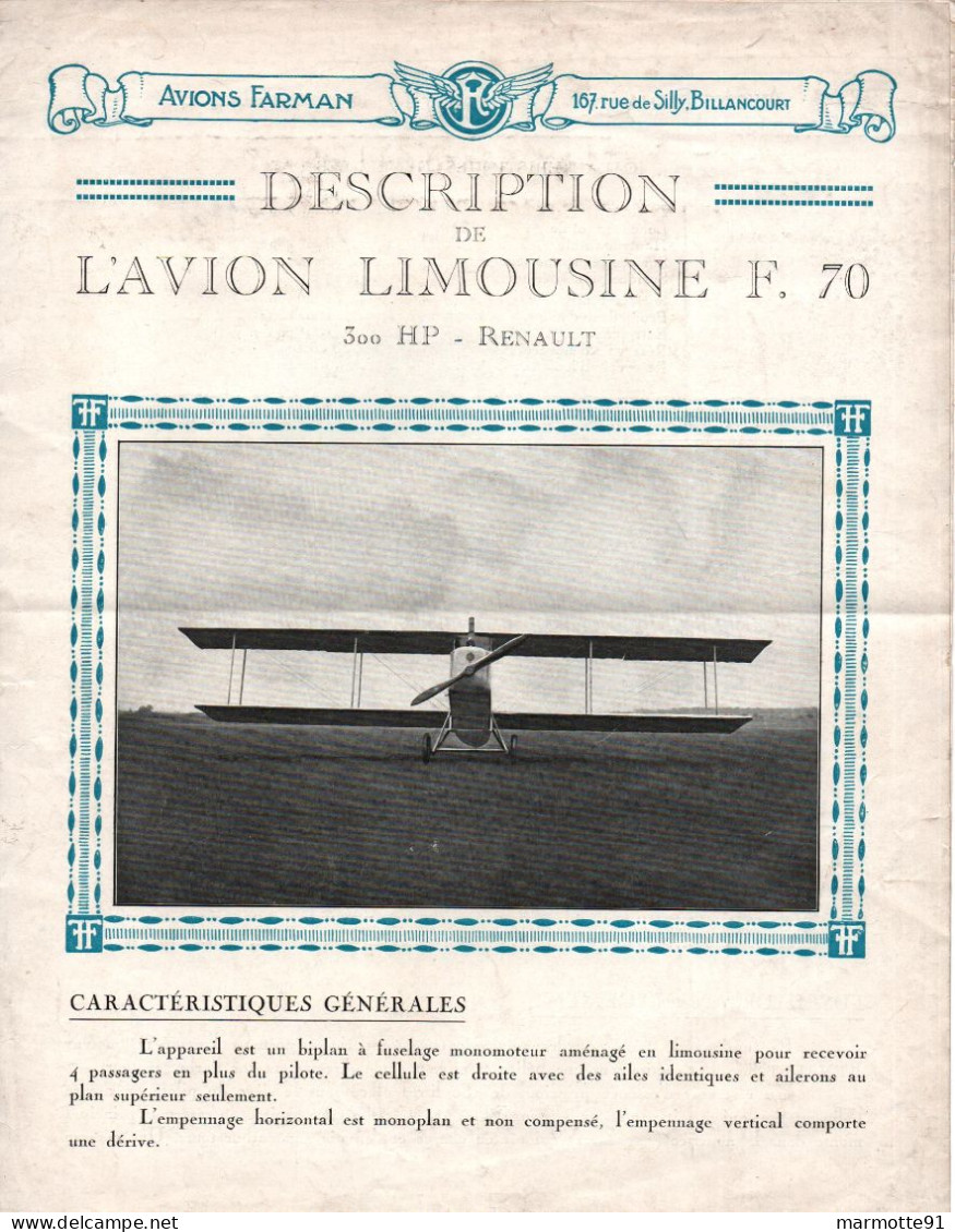 DESCRIPTION DE L AVION LIMOUSINE F.70 300 HP RENAULT FARMAN AVIATION - Flugzeuge