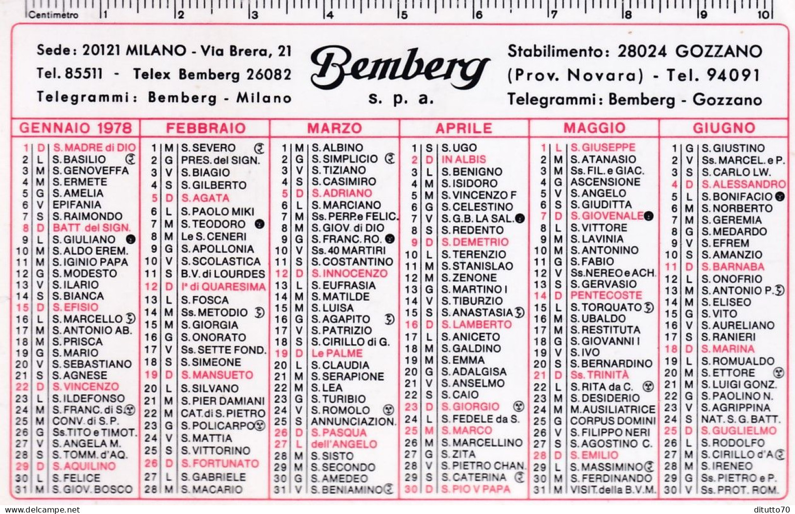Calendarietto - Semberg . Stabilimento - Gozzano - Anno 1978 - Formato Piccolo : 1971-80
