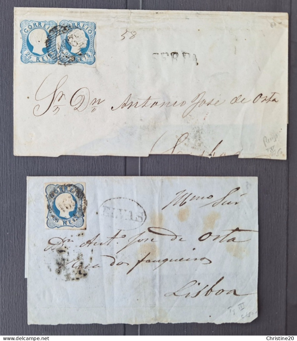 Portugal 1855/58 N°10 25 Centimes Bleu Type III Sur Pli + 2 25 Centimes Bleu Type IV Sur Pli B/TB - Briefe U. Dokumente