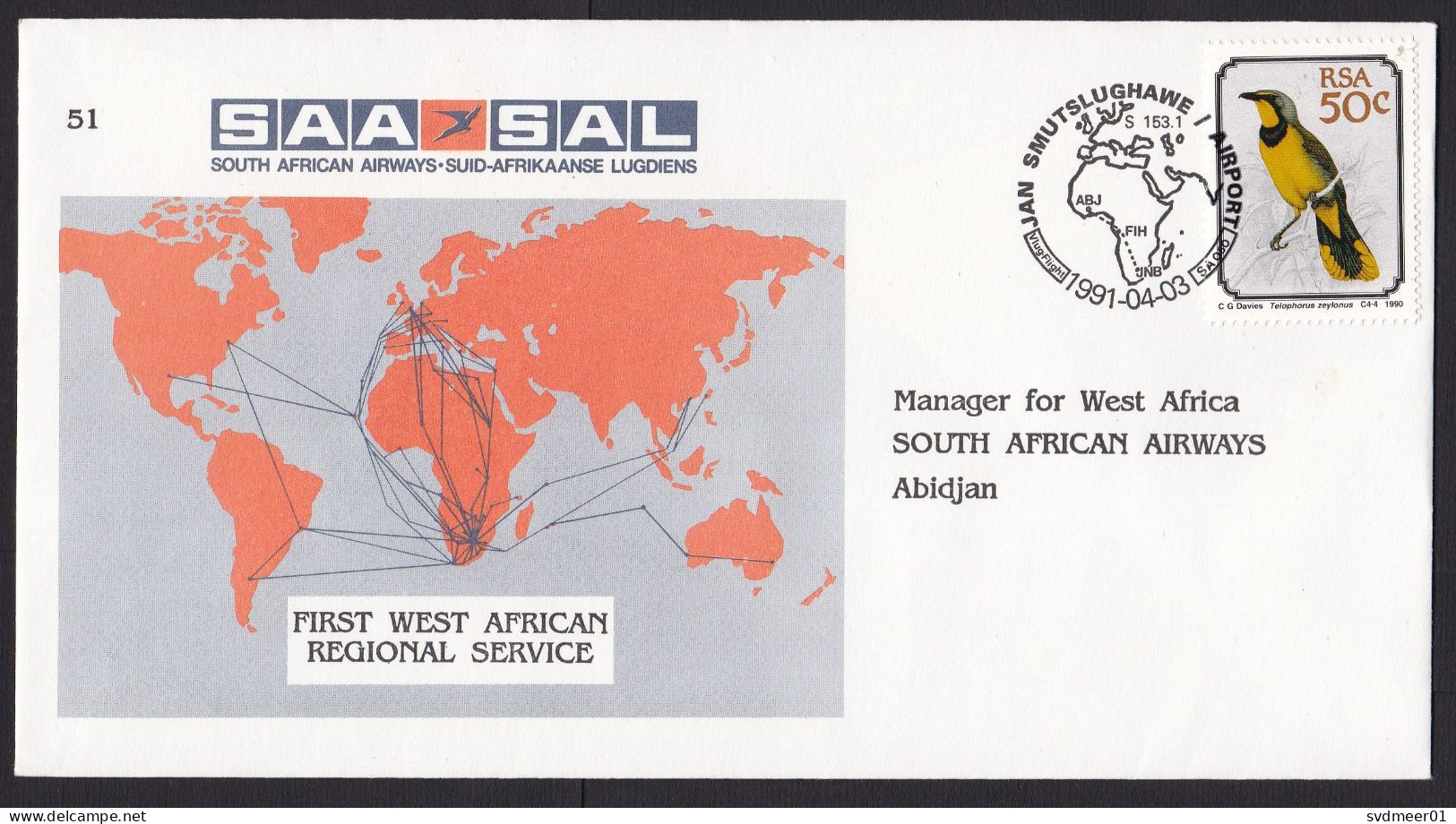 South Africa: FFC First Flight Cover To Ivory Coast, 1991, 1 Stamp, Bird, SAA-SAL Airways, Airlines Map (pencil At Back) - Lettres & Documents