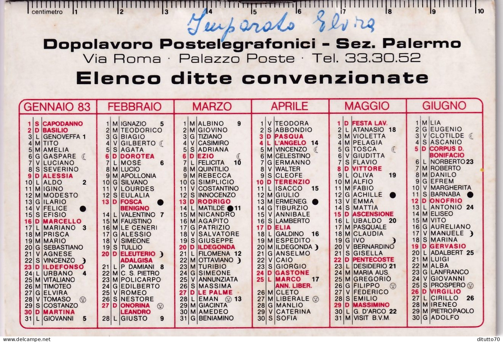 Calendarietto - Dopolavoro Postelegrafonici - Sez.palermo - Anno 1983 - Tamaño Pequeño : 1971-80