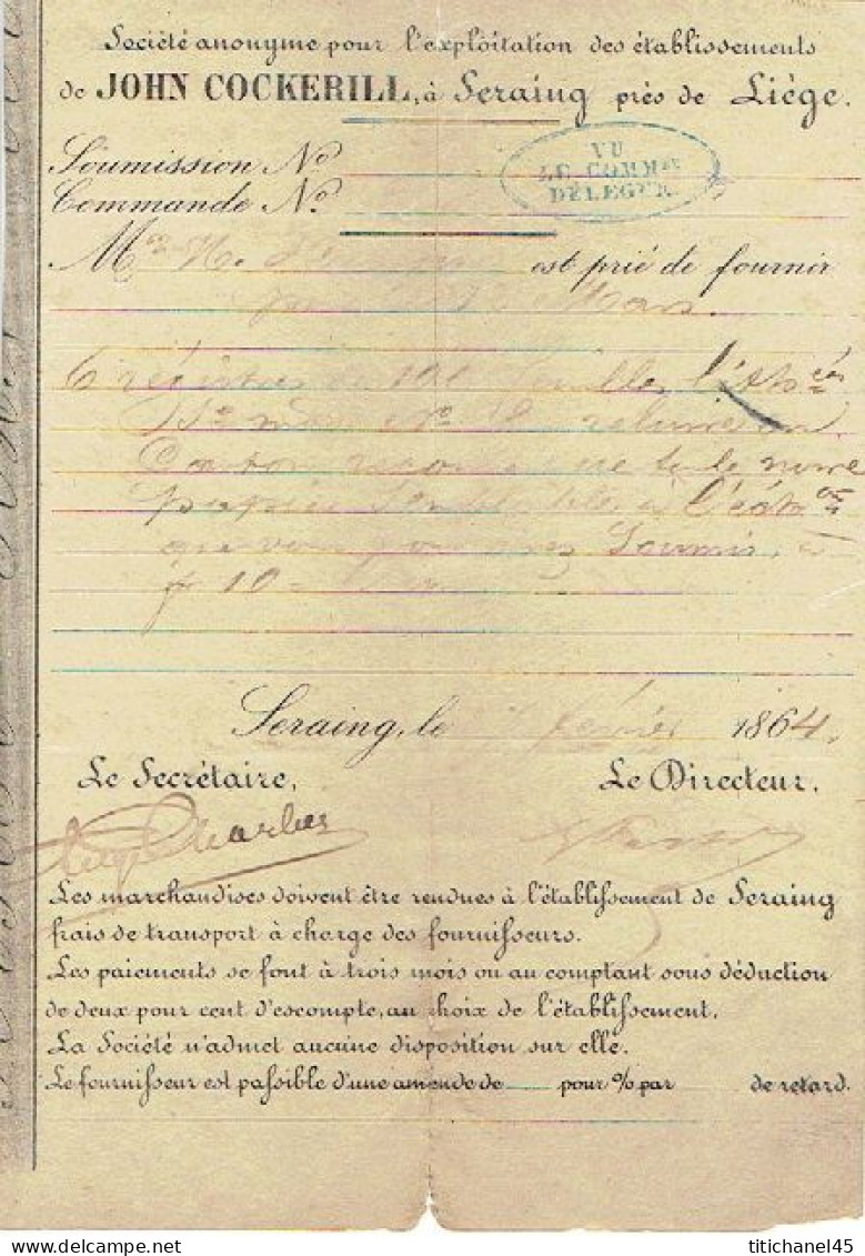 1864 SERAING - LIEGE - Lettre JOHN COCKERILL - Construction De Locomotives, Machines à Vapeur, Laminoirs, Forges.... - Sonstige & Ohne Zuordnung