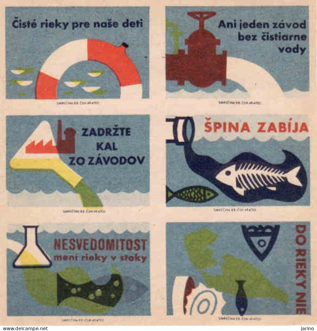 Slovakia - 6 Matchbox Labels, Environmental Protection, Water Purification Plants, Fish, - Boites D'allumettes - Etiquettes