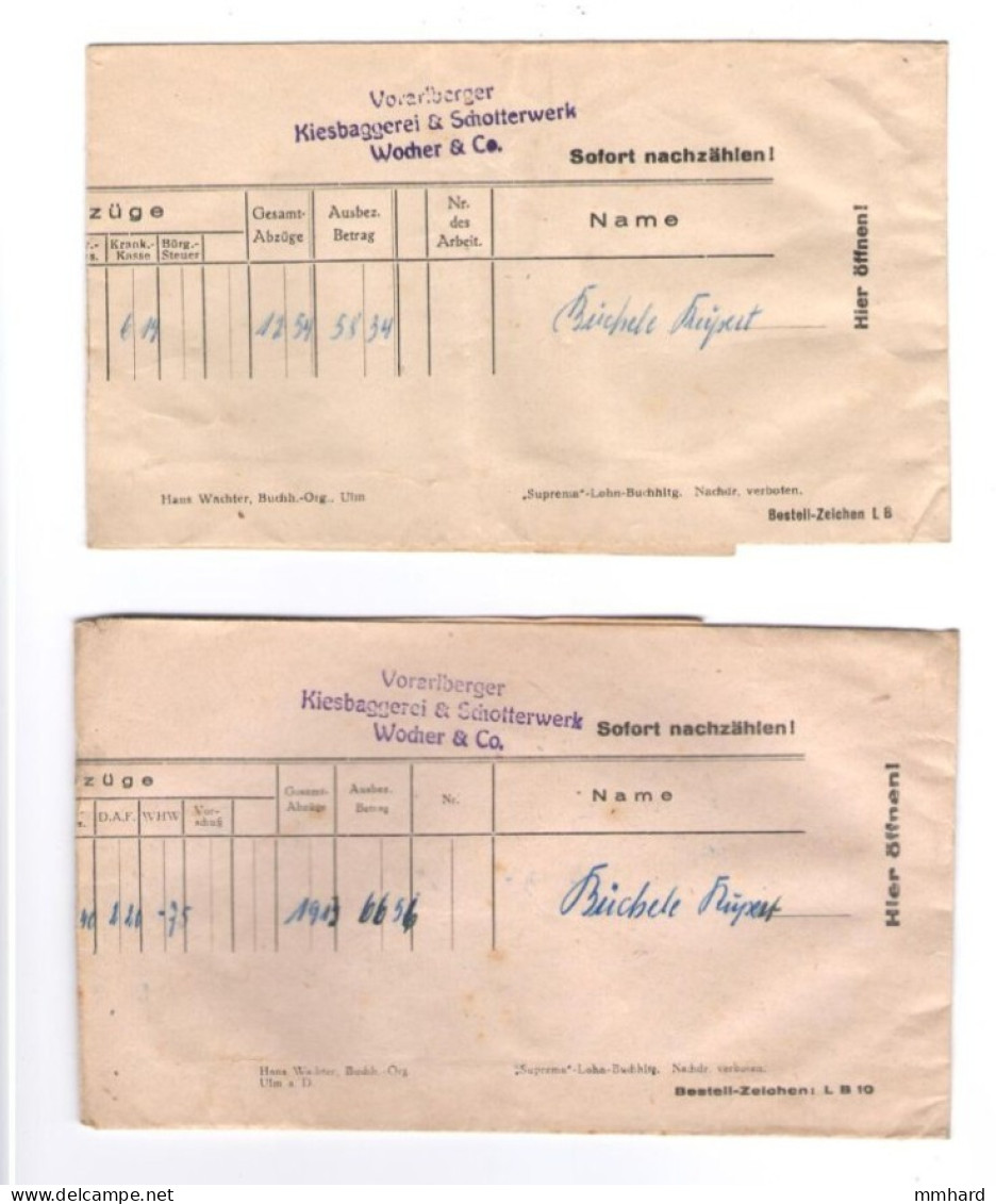 2 Stk Lohnzettel Kuvert Vorarlberger Kiesbaggerei & Schotterwerk Wocher &Co Vorarlberg Bodensee Österreich - Autriche