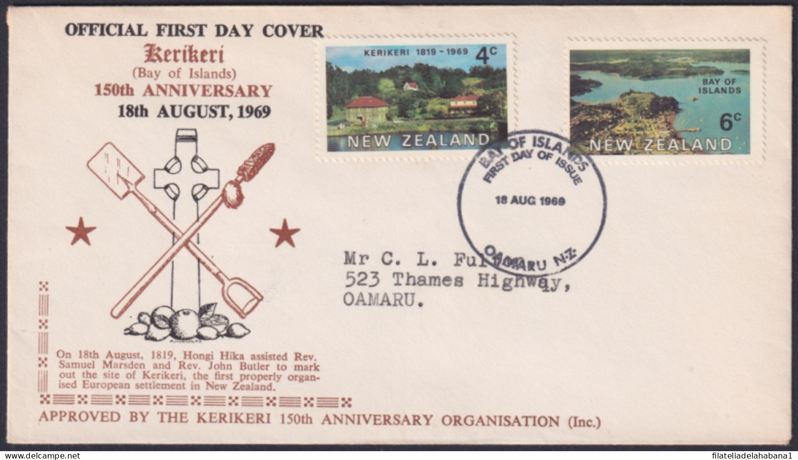 F-EX48553 NEW ZEALAND 1969 FDC 150 Th KERIKERI ORGANIZATION.  - FDC