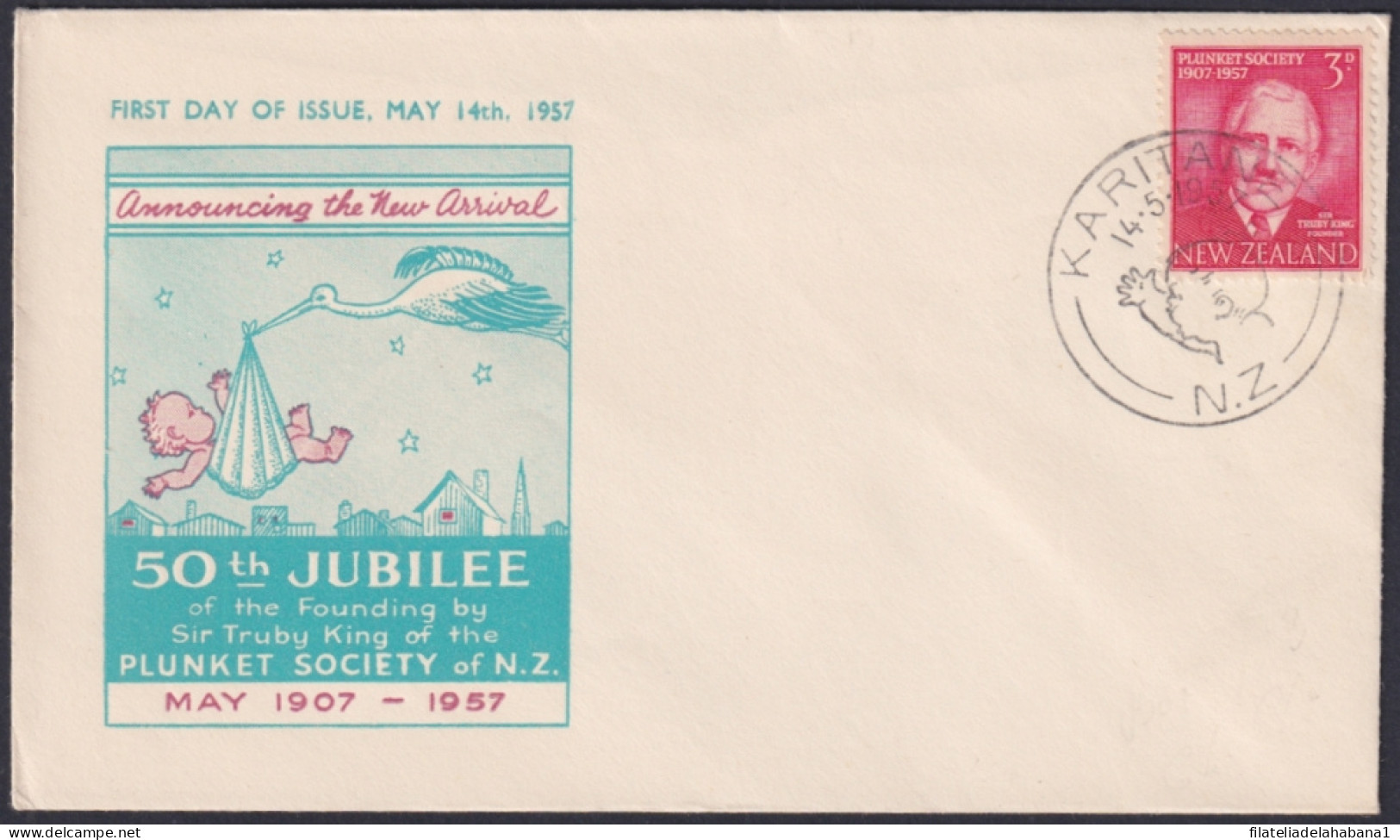 F-EX48554 NEW ZEALAND 1957 FDC HEALTH 50th JUBILEE TRUBY KING FOUNDING.  - FDC