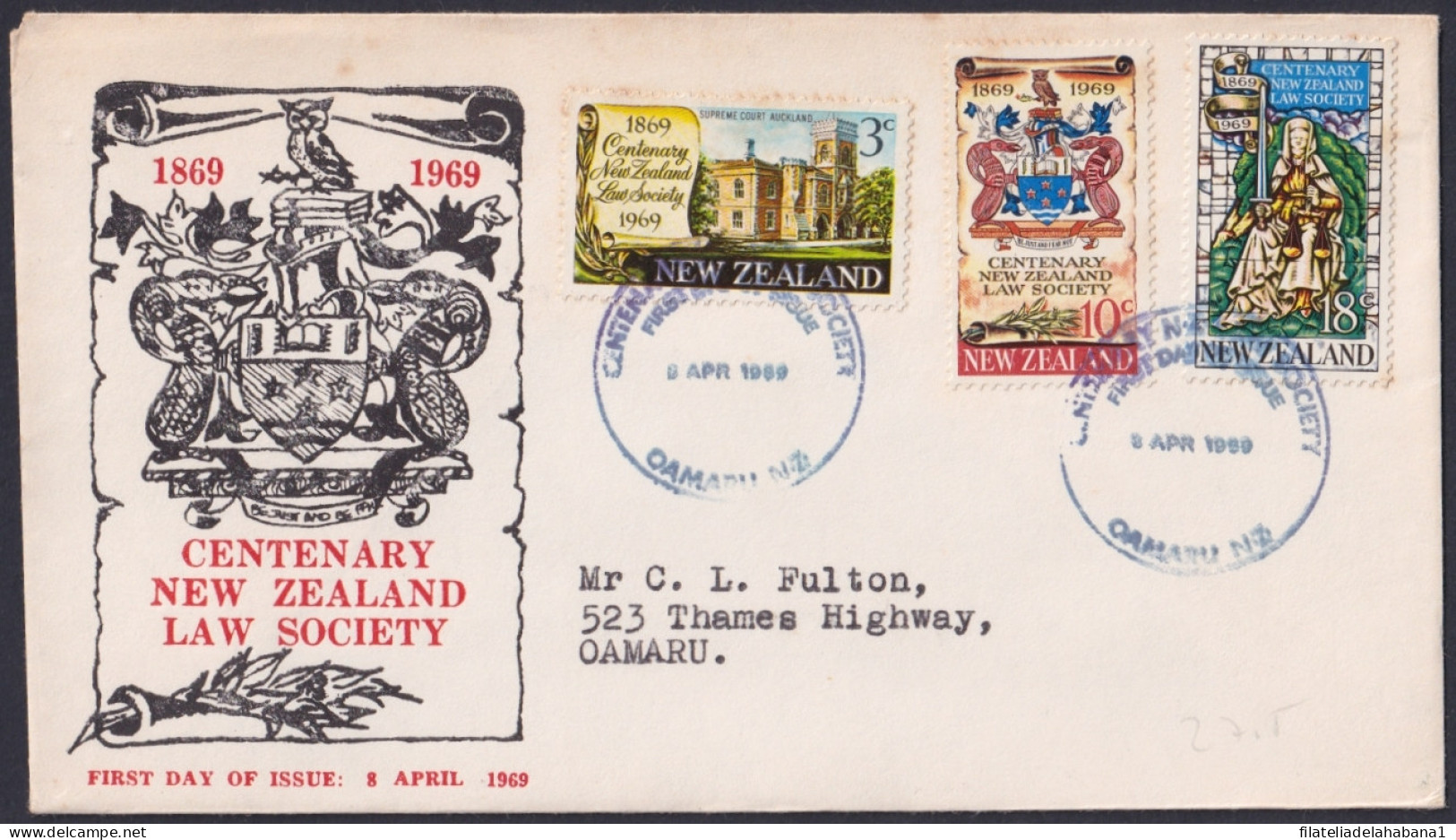 F-EX48555 NEW ZEALAND 1969 FDC CENT LAW SOCIETY.  - FDC