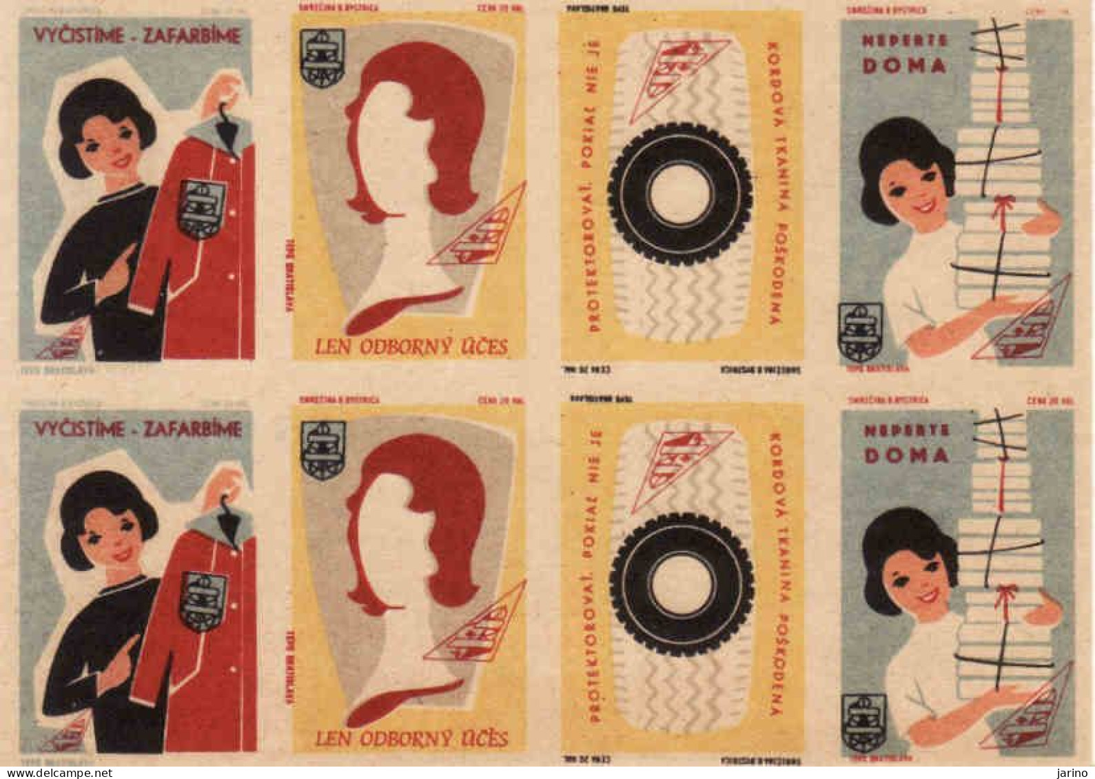 Slovakia - 8 Matchbox Labels, Cleaning Clothes, Tire Retreading, New Hairstyle - Hairdresser, - Boites D'allumettes - Etiquettes