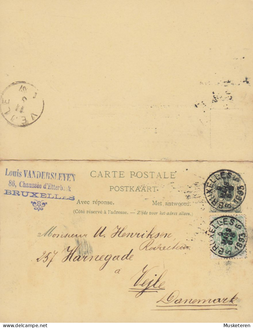 Belgium Uprated Postal Stationery Ganzsache Entier Av. Résponse Antwort BRUXELLES 1893 VEJLE (Lapidar Arr. Cds.) Denmark - Antwoord-betaald Briefkaarten