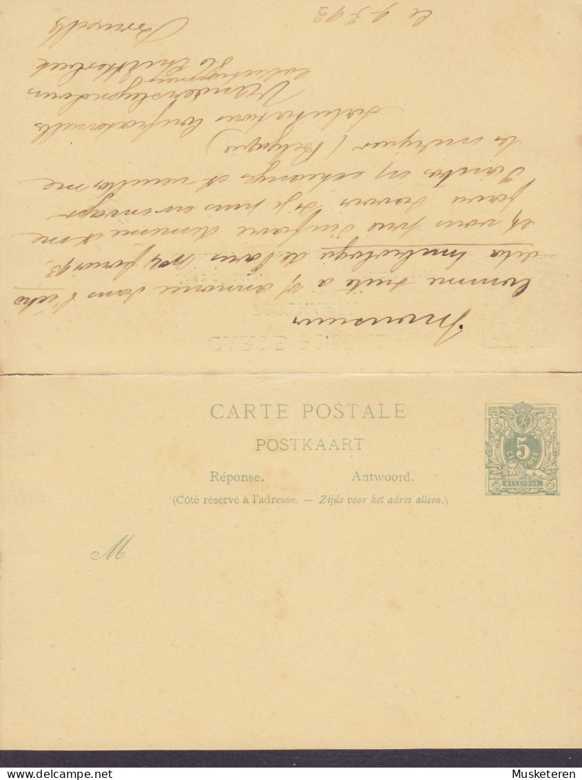 Belgium Uprated Postal Stationery Ganzsache Entier Av. Résponse Antwort BRUXELLES 1893 VEJLE (Lapidar Arr. Cds.) Denmark - Cartes Avec Réponse Payée