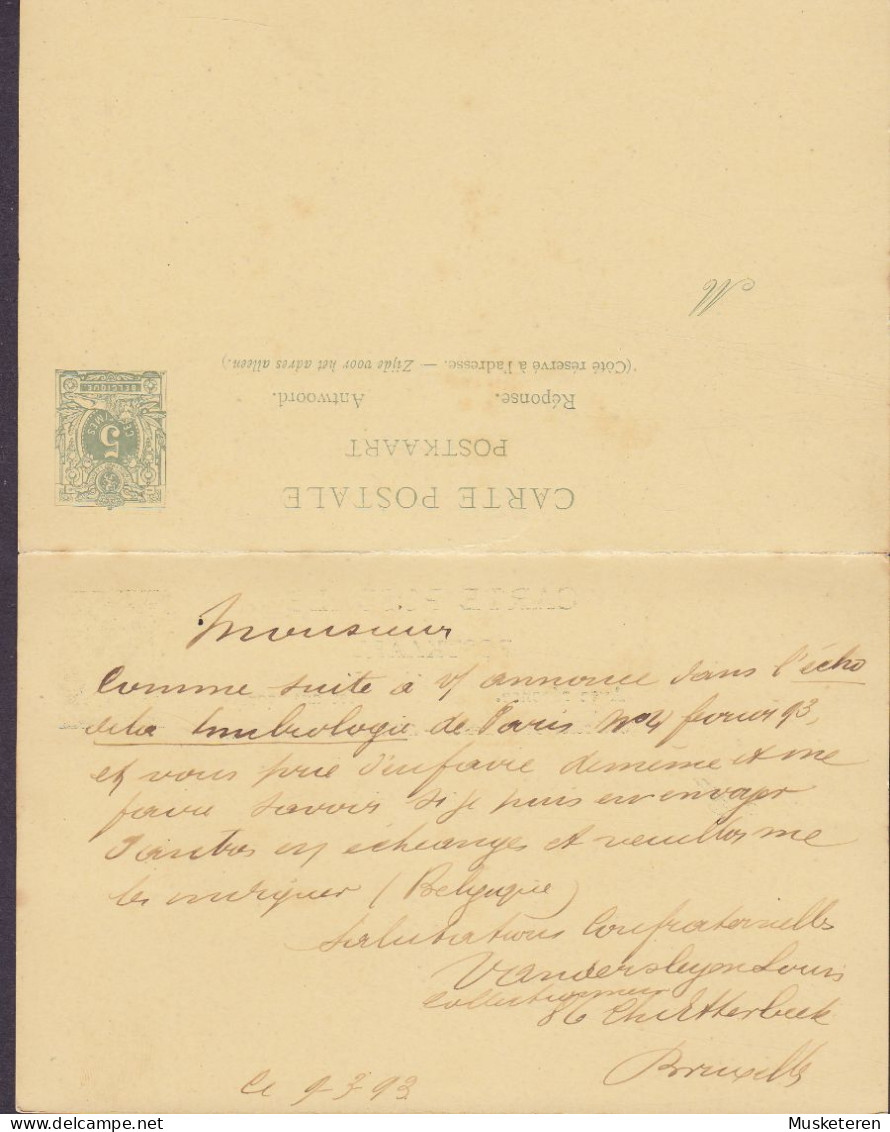 Belgium Uprated Postal Stationery Ganzsache Entier Av. Résponse Antwort BRUXELLES 1893 VEJLE (Lapidar Arr. Cds.) Denmark - Cartes Avec Réponse Payée