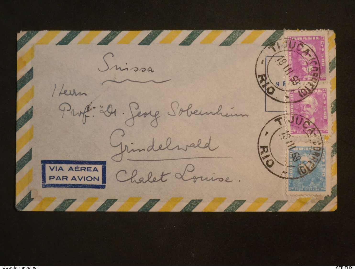 DJ 11 BRESIL BELLE LETTRE  1959 PAR AVION  TIJUCA  A  GRINDENWALD SUISSA     + +AFF. INTERESSANT+ - Covers & Documents