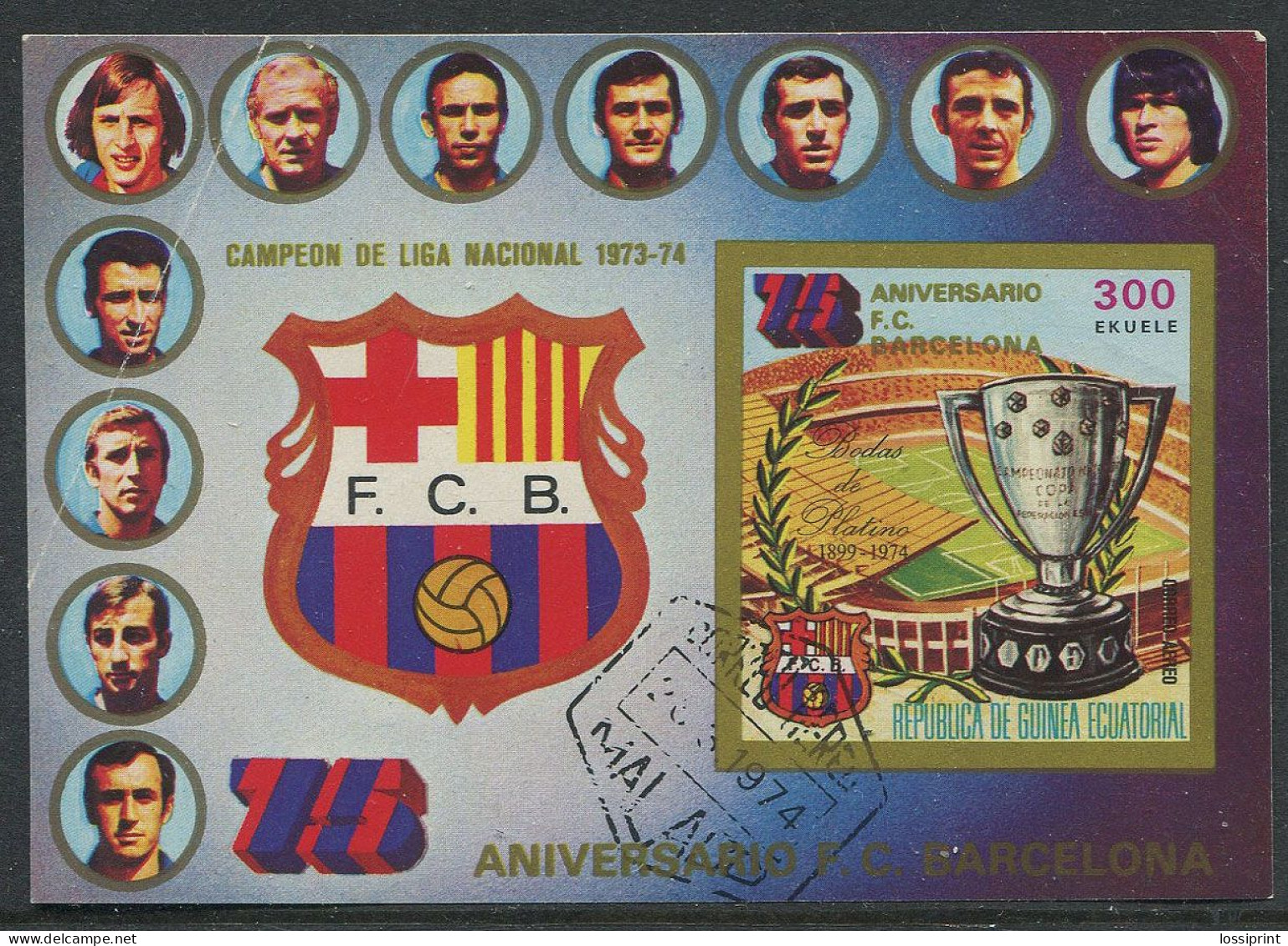 Republica De Guinea Ecuatorial:Used Block 15th Anniversary Of F.C.Barcelona, 1974 - Famous Clubs