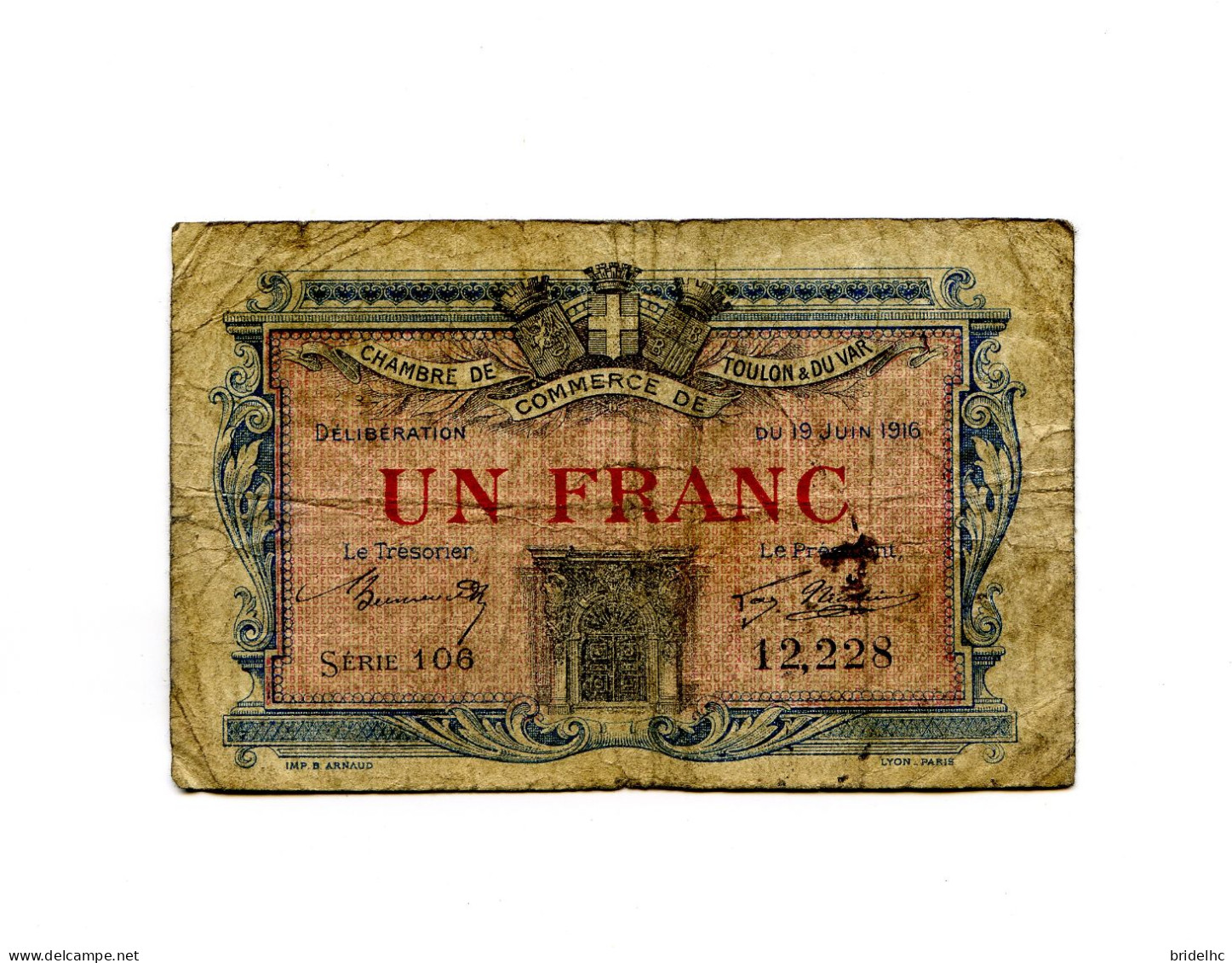 1 Franc Chambre De Commerce De Toulon & Du Var 1916 - Chambre De Commerce