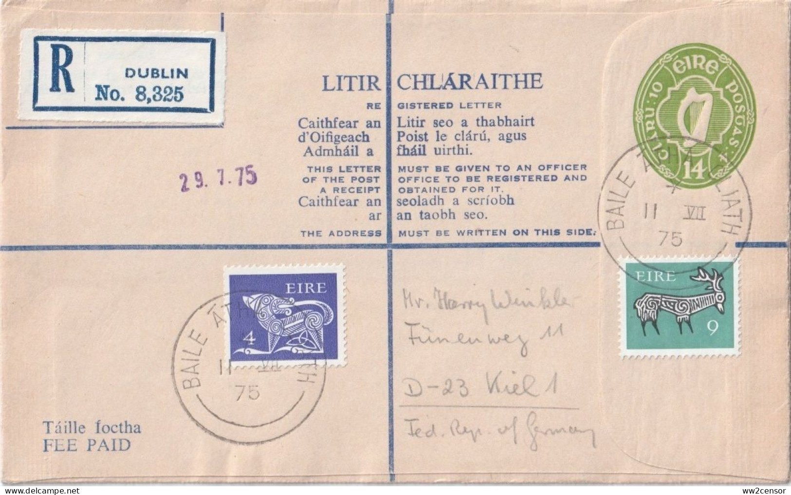 1971 Reg Envelope G-size 14p Uprated With 13p In Gerl Stamps In 1975 Dublin - Germany - Correct Rate - Entiers Postaux